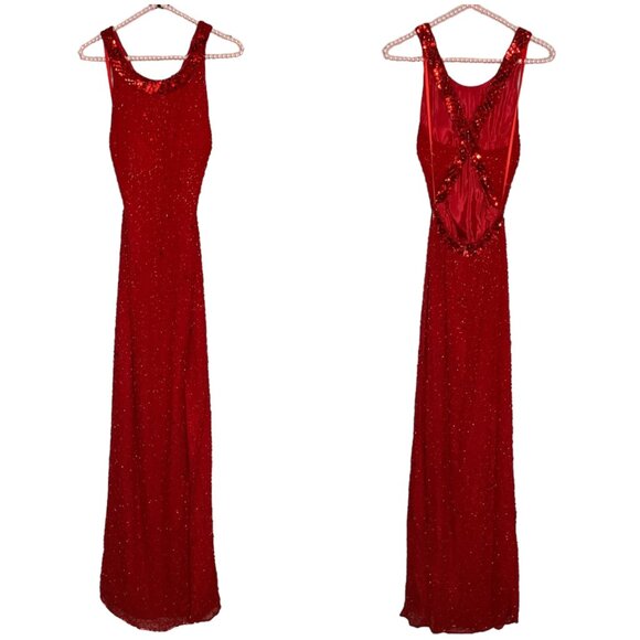 Vintage Cache Small S 100% Silk Red Embellished Prom Dress Maxi Evening Gown‎ - Picture 1 of 8